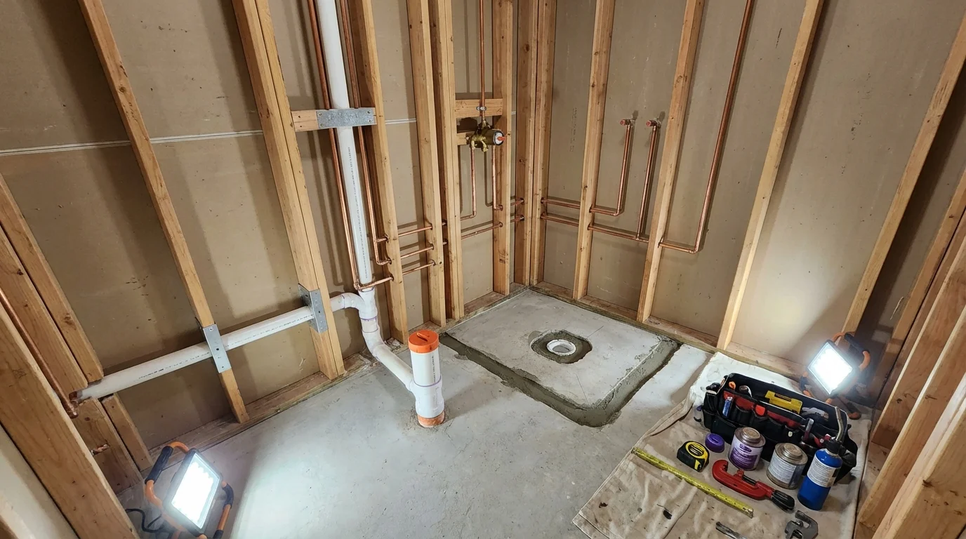 Bathroom rough-in plumbing during remodel by Johns Plumbing LLC in Tornado