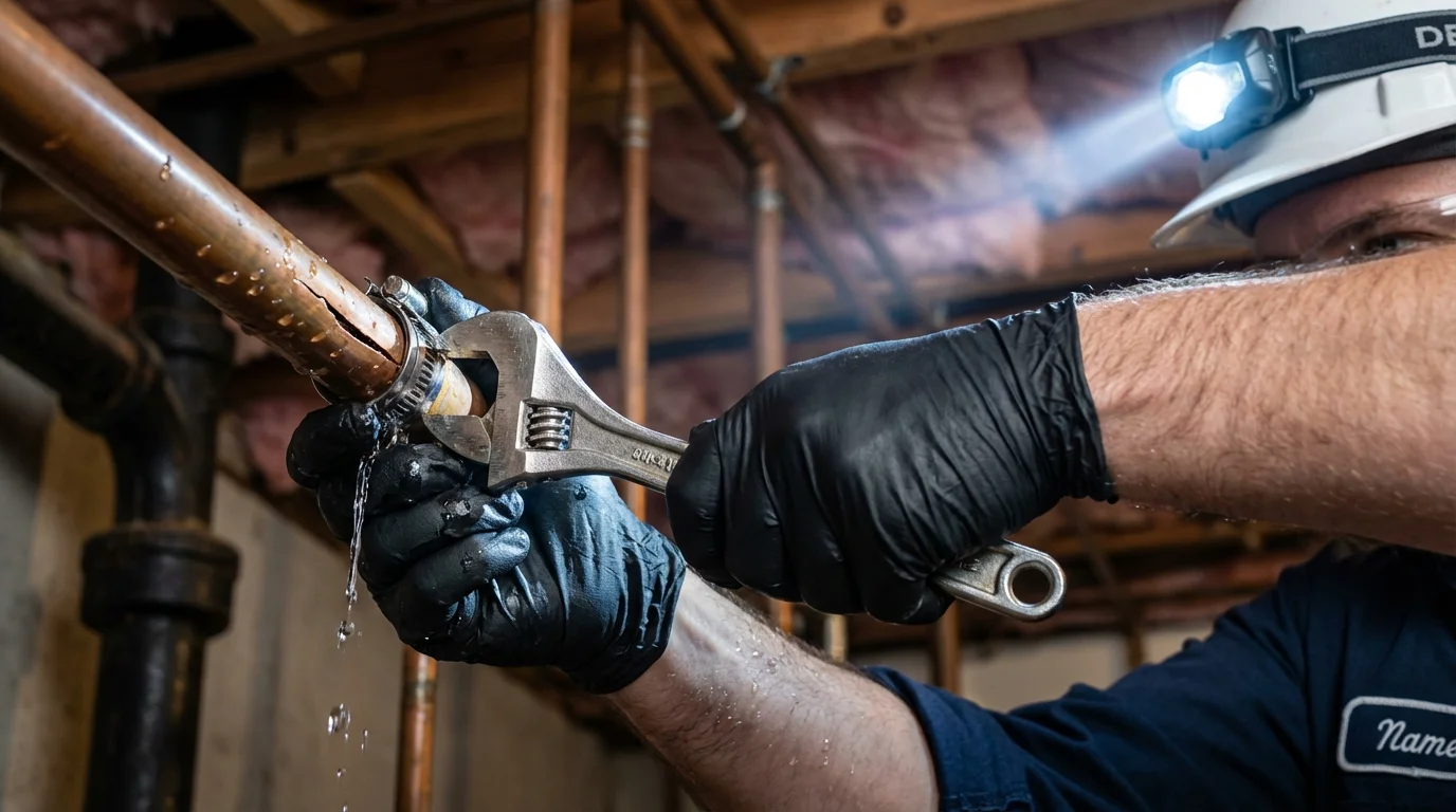 Emergency pipe clamp repair being performed by a Johns Plumbing LLC plumber in Tornado