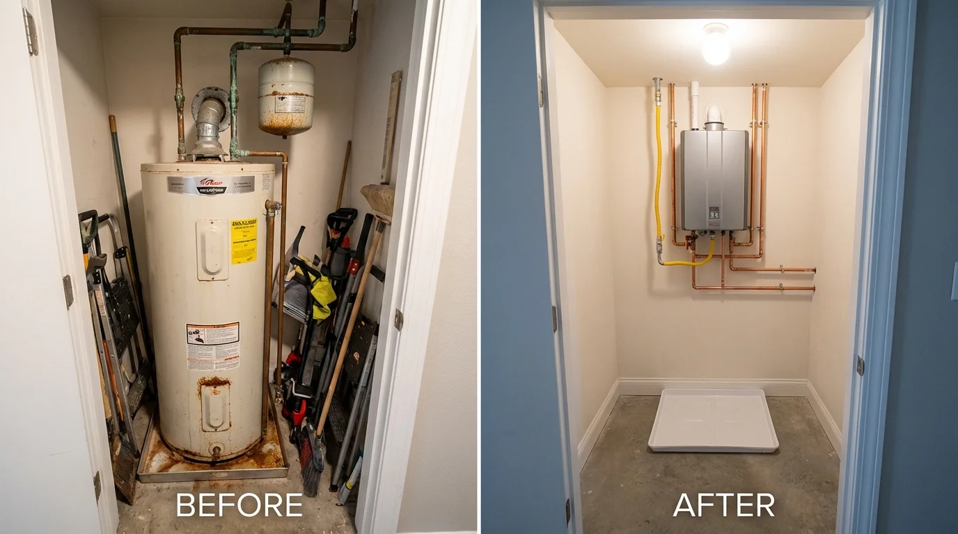 Tank water heater versus wall-mounted tankless unit comparison for Tornado, WV homeowners