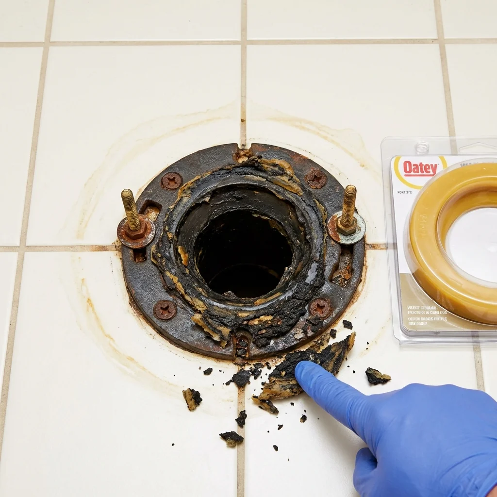 Failed wax ring showing water seepage at the base of a toilet in a Tornado, WV home