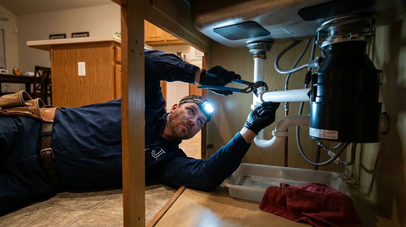 P-trap and supply line connections under a kitchen sink showing a common leak point in Tornado, WV